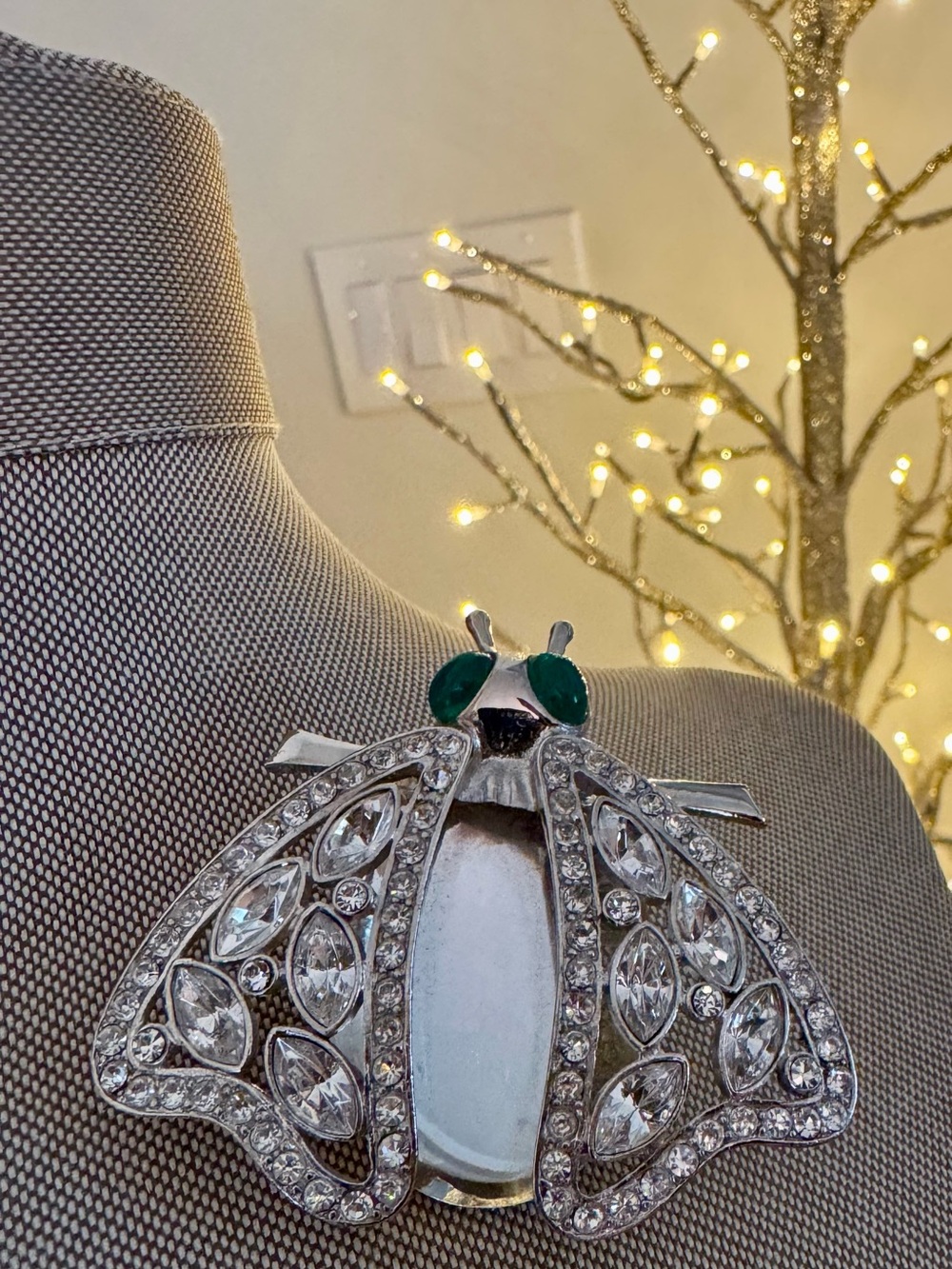 Kenneth Jay Lane Silver Crystal Wings N Chalcedony Green Accent Brooch